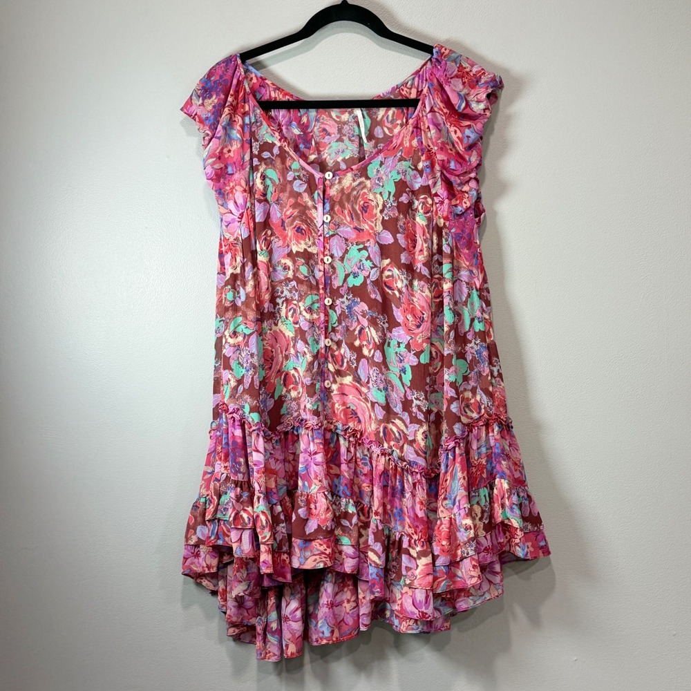 Free People woodington Floral Sheer Ruffle Mini Dress Pink sheer Womens XS - Picture 3 of 10